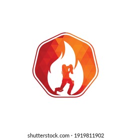 Fire cricket player vector logo design. Cricket fire gear logo icon. Batsman playing cricket and fire combination logo.