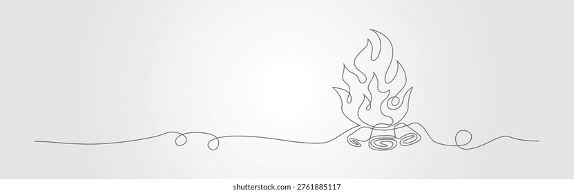 Fire crumpled single line art depicts a bonfire with blazing flames and smoldering wood
