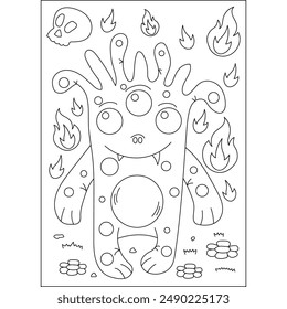 fire cute monster coloring book page for kids or grown adults coloring book mindful relaxation activity