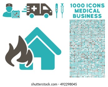 Fire Damage icon with 1000 medical business grey and cyan vector pictographs. Design style is flat bicolor symbols, white background.