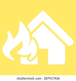 Fire Damage icon from Business Bicolor Set. This flat vector symbol uses white color, rounded angles, and isolated on a yellow background.