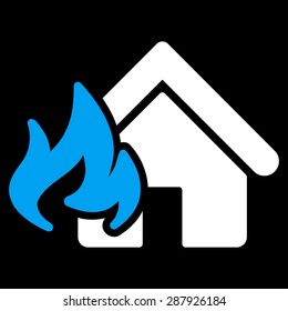 Fire Damage icon from Business Bicolor Set. This flat vector symbol uses blue and white colors, rounded angles, and isolated on a black background.