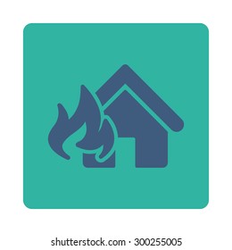 Fire Damage icon. This flat rounded square button uses cobalt and cyan colors and isolated on a white background.
