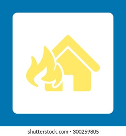 Fire Damage icon. This flat rounded square button uses yellow and white colors and isolated on a blue background.