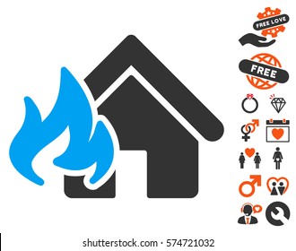 Fire Damage pictograph with bonus decoration symbols. Vector illustration style is flat iconic elements for web design, app user interfaces.
