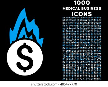 Fire Damage vector bicolor icon with 1000 medical business icons. Set style is flat pictograms, blue and white colors, black background.