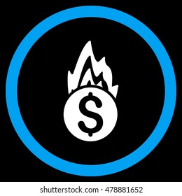 Fire Damage vector bicolor rounded icon. Image style is a flat icon symbol inside a circle, blue and white colors, black background.