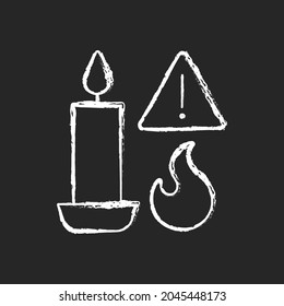 Fire danger from candles chalk white manual label icon on dark background. Prevent flame from reaching flammable surfaces. Isolated vector chalkboard illustration for product use instructions on black