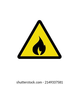 Fire danger icon. Warning sign. Attention gas. Fire hazard zone. The image of a fire flame on a yellow triangle. Flammable substances. Vector icon isolated on white background.