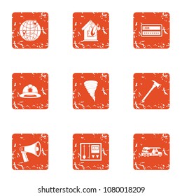 Fire danger icons set. Grunge set of 9 fire danger vector icons for web isolated on white background