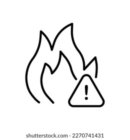 Fire with danger line icon. Fire safety, fire extinguisher, fireman, ignition, matches, water, hydrant. Security concept. Vector line icon on white background