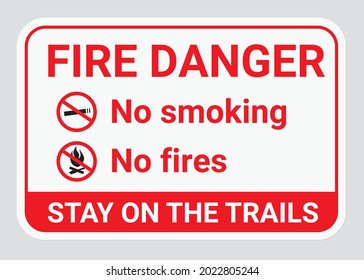 Fire danger sign. Red and white poster or information placard placed in parks, on trails and on nature hikes during extreme heat and drought. No smoking and no fire icons with additional text. 