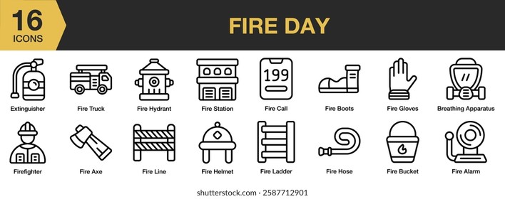 Fire Day icon set. Includes fire, red, flame, explosion, danger, and More. Outline icons vector collection.