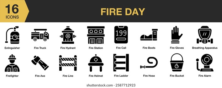 Fire Day solid icon set. Includes fire, red, flame, explosion, danger, and More. Solid icons vector collection.