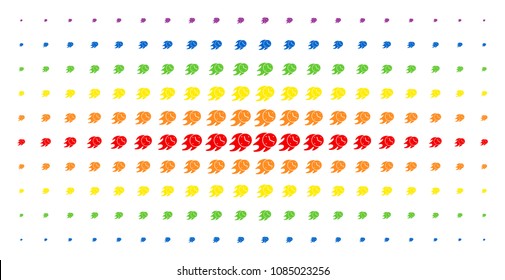 Fire deadline clock icon spectral halftone pattern. Vector fire deadline clock items are arranged into halftone array with vertical spectral gradient. Designed for backgrounds, covers,