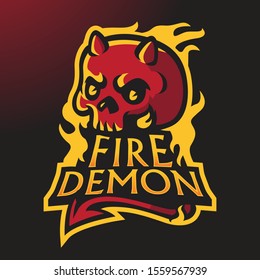 Fire demon sport logo design concept, fiery red skull logo design