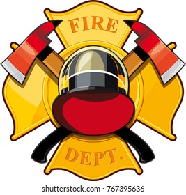 fire department badge with crossed axes, fire helmet against the yellow Maltese cross
