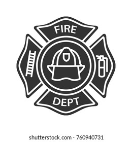 Fire Department Badge Glyph Icon. Firefighting Emblem With Helmet, Ladder And Extinguisher. Silhouette Symbol. Negative Space. Vector Isolated Illustration