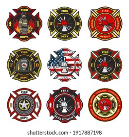 Fire department badges, firefighter team cross shaped emblems with fireman in uniform, helmet and gas mask standing in flame, firefighter tools and equipment, leatherhead helmet and star vector