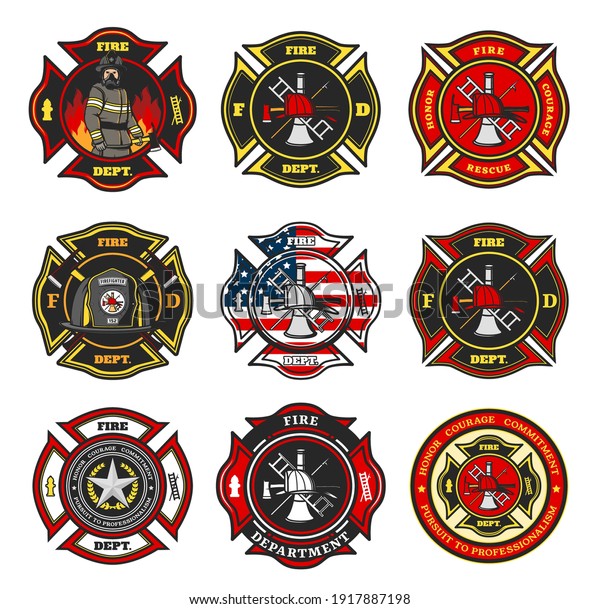 Fire department badges, firefighter team cross
shaped emblems with fireman in uniform, helmet and gas mask
standing in flame, firefighter tools and equipment, leatherhead
helmet and star vector