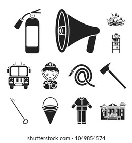 Fire Department black icons in set collection for design. Firefighters and equipment vector symbol stock web illustration.
