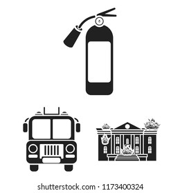 Fire Department black icons in set collection for design. Firefighters and equipment vector symbol stock web illustration.