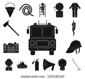 Fire Department black icons in set collection for design. Firefighters and equipment vector symbol stock web illustration.