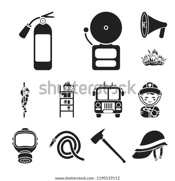 Fire\
Department black icons in set collection for design. Firefighters\
and equipment vector symbol stock web\
illustration.