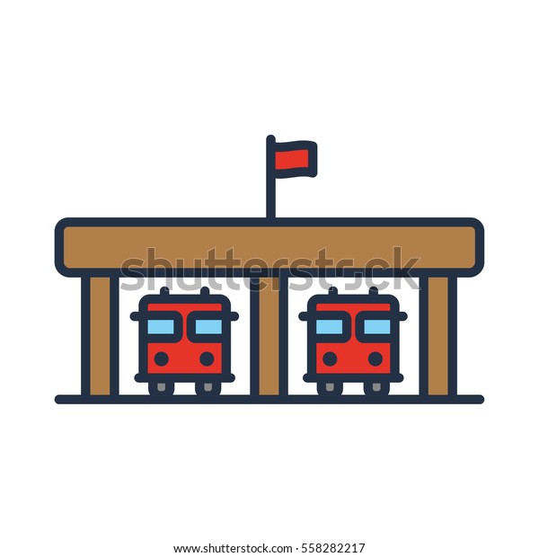Fire Department Building Garage with\
Firetrucks and Flag on the Roof Minimal Colorful Flat Line Stroke\
Icon Pictogram Symbol\
Illustration
