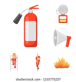 Fire Department cartoon icons in set collection for design. Firefighters and equipment vector symbol stock web illustration.