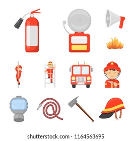 Fire Department cartoon icons in set collection for design. Firefighters and equipment vector symbol stock web illustration.