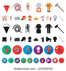 Fire Department cartoon icons in set collection for design. Firefighters and equipment vector symbol stock web illustration.