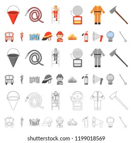 Fire Department cartoon icons in set collection for design. Firefighters and equipment vector symbol stock web illustration.