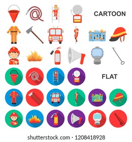 Fire Department cartoon icons in set collection for design. Firefighters and equipment vector symbol stock web illustration.