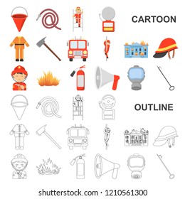 Fire Department cartoon icons in set collection for design. Firefighters and equipment vector symbol stock web illustration.