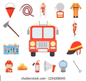 Fire Department cartoon icons in set collection for design. Firefighters and equipment vector symbol stock web illustration.