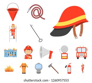 Fire Department cartoon icons in set collection for design. Firefighters and equipment vector symbol stock web illustration.