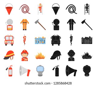 Fire Department cartoon,black icons in set collection for design. Firefighters and equipment vector symbol stock web illustration.