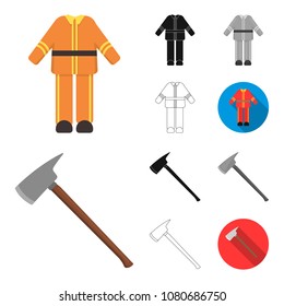 Fire Department cartoon,black,flat,monochrome,outline icons in set collection for design. Firefighters and equipment vector symbol stock web illustration.