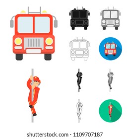 Fire Department cartoon,black,flat,monochrome,outline icons in set collection for design. Firefighters and equipment vector symbol stock web illustration.