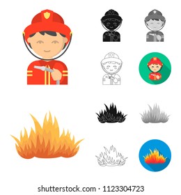 Fire Department cartoon,black,flat,monochrome,outline icons in set collection for design. Firefighters and equipment vector symbol stock web illustration.