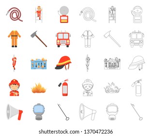 Fire Department cartoon,outline icons in set collection for design. Firefighters and equipment vector symbol stock web illustration.
