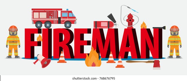 Fire department concept. 3d lettering fireman with fire equipment set, truck, hydrant, extinguisher, fire, fireman, thunderbolt isolated on white background vector illustration flat
