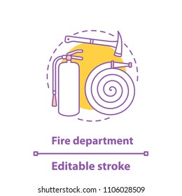 Fire department concept icon. Firefighting idea thin line illustration. Fire extinguisher, hose, axe. Vector isolated outline drawing. Editable stroke