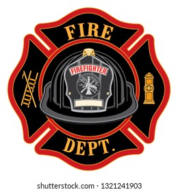 Fire Department Cross Black Helmet Is An Illustration Of A Fireman Or Firefighter Maltese Cross Emblem, With A Black Firefighter Helmet And Badge Containing An Empty Space For Your Text.