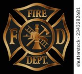 Fire Department Cross Gold is a vector design of a classic Maltese cross firefighter symbol used by fireman and fire stations. Includes the cross, firefighter inner logo and text in a beautiful gold.