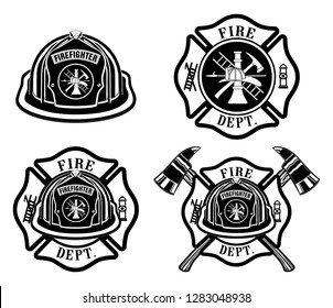 Fire Department Cross and Helmet Designs  is an illustration of four fireman or firefighter Maltese cross design which includes fireman's helmet with badges and firefighter's crossed axes.