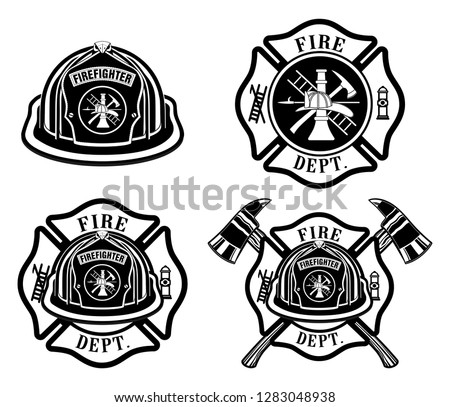 Fire Department Cross and Helmet Designs  is an illustration of four fireman or firefighter Maltese cross design which includes fireman's helmet with badges and firefighter's crossed axes. Stock foto © 