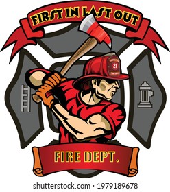 Fire Department Cross includes fireman in helmet with firefighter's axes
