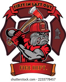 Fire Department Cross includes fireman Bulldog in helmet with firefighter's axes